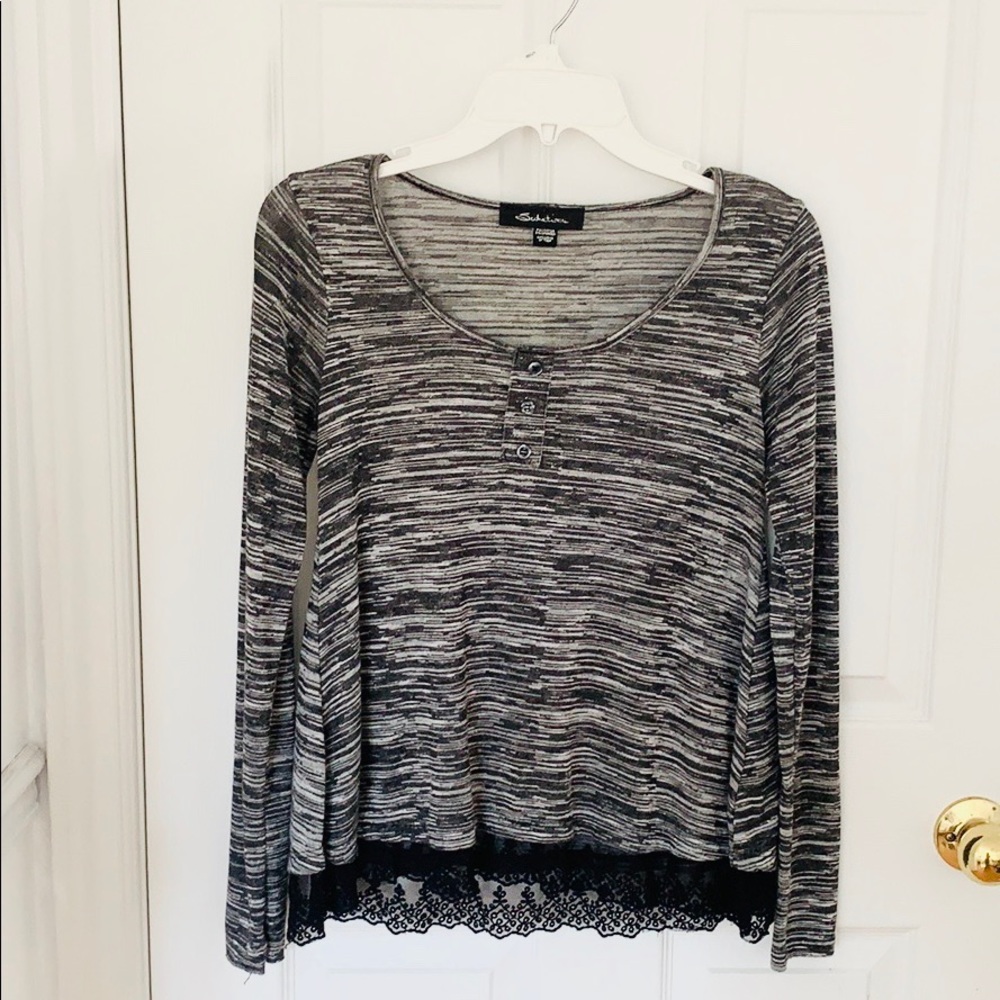 Black & Gray Long Sleeve Top With Black Lace Trim